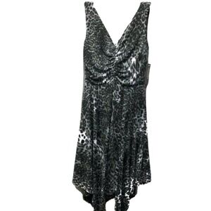 Isadora‎ Small Midi Dress Leopard Print Asymmetric Hem Ruched V-Neck Modern Chic